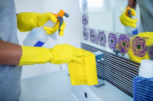 Low-waste carpet cleaning supplies and reusable textiles being prepared